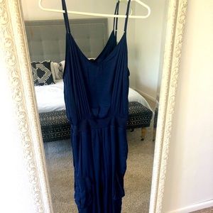 Vici Navy Satin Jogger Jumpsuit